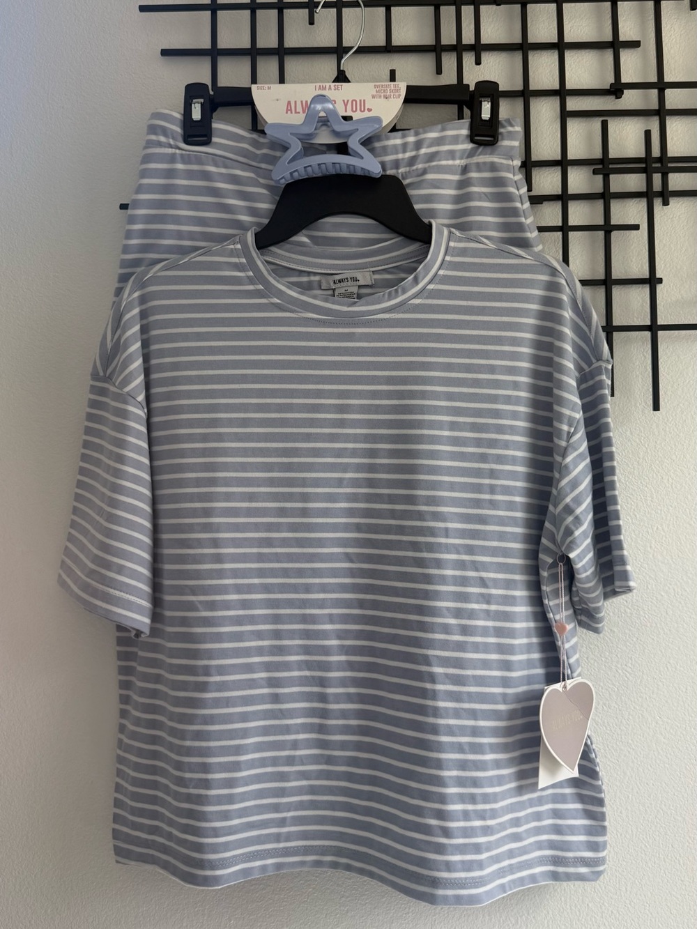 NWT Always You Blue White Striped Oversized Tee Skort Set Size M